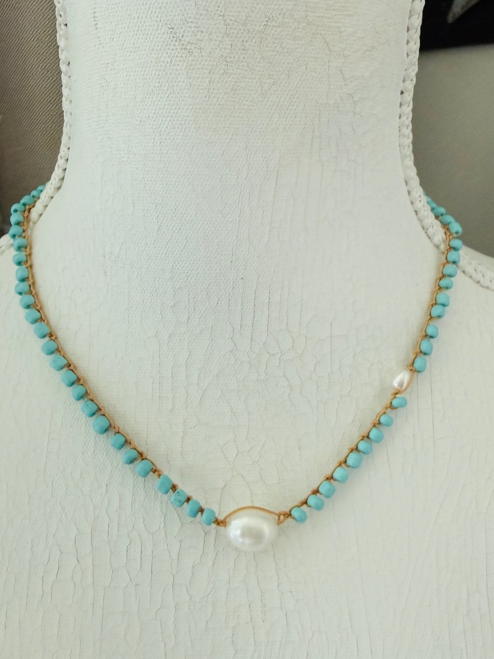 Crochet Turquoise Bead and Pearl Accent Women's Necklace - Picture 4 of 4